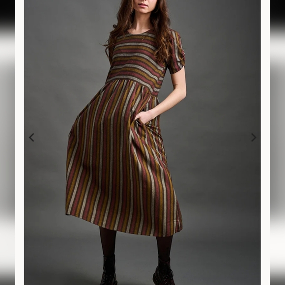 Mata Traders Kavita Chocolate Stripe Brown Green Striped Multicolor Midi Dress M - Picture 3 of 10